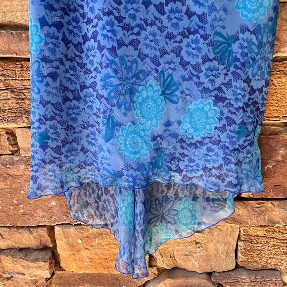 VTG Y2K 10 Asymmetrical Blue Floral High Low Midi Tank Dress 90s Fairy Whimsy - Picture 8 of 13